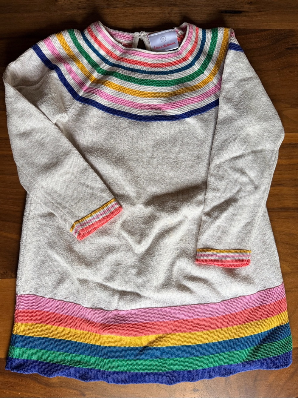 Hanna Andersson Cream Sweater Dress with Rainbow Stripes